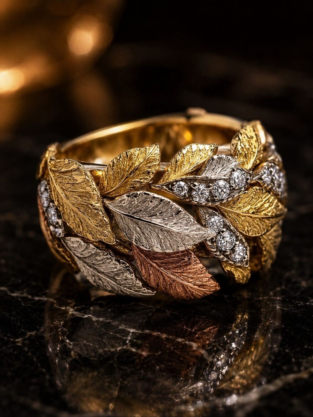 Tricolor Leaf Band Ring in Gold, Silver, Rose-Gold